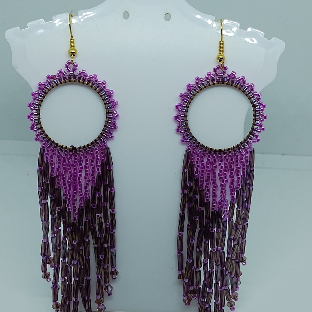 Vibrant Purple Beaded Hoop Earrings